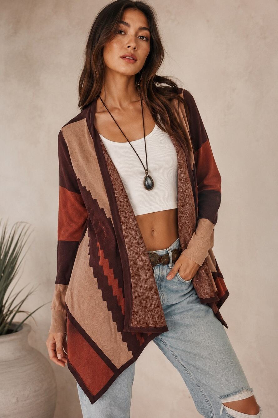 Twiggy London 100% Cotton Aztec Waterfall Cardigan Boho Western Southwestern M/L